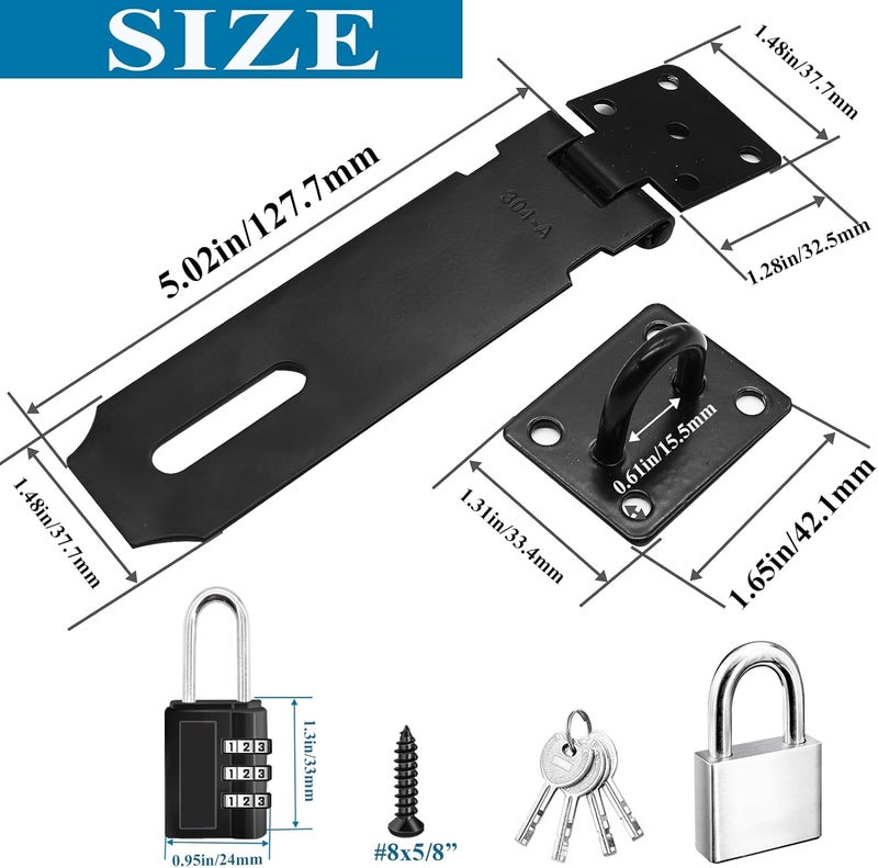 Sunxeke 5 Inch Door Locks Hasp Latch 2 Pack,304 Stainless Steel Safety Padlock Clasp Hasp Lock Latch with Combo Lock & Padlock,Heavy Duty Gate Latch Lock with Screws(Black) - Image 2